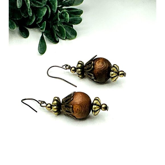 Vintage Brass Wood Bead Dangle Earrings Rustic Artisan Jewelry - Picture 1 of 2
